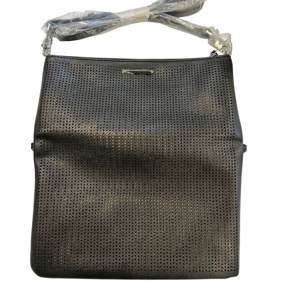 Stella and Dot Waverly Petite perforated Black Handbag - Pale Caramel Interior - Picture 3 of 6